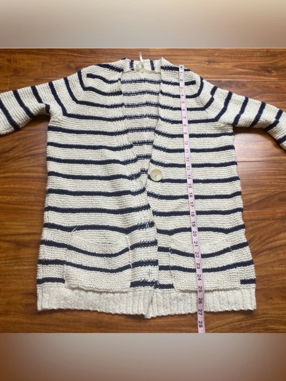 Free People Womens Cream Navy Stripe Cotton Coastal Thick Knit Cardigan Size L
